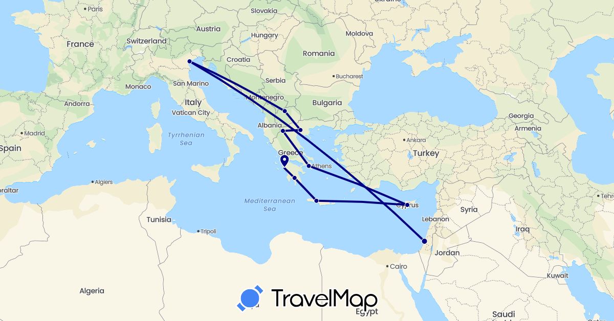 TravelMap itinerary: driving in Cyprus, Greece, Israel, Italy, Macedonia (Asia, Europe)